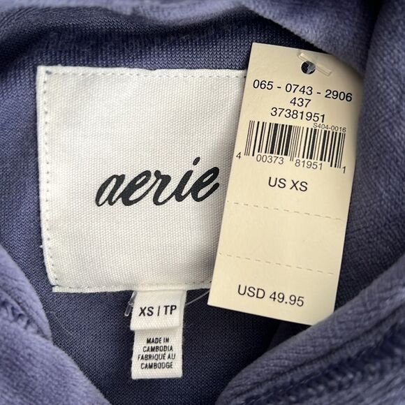 AERIE Velour Hoodie XS Dusty Blue Relaxed Fit Cropped Y2K Retro Loungewear NWT - Picture 2 of 9